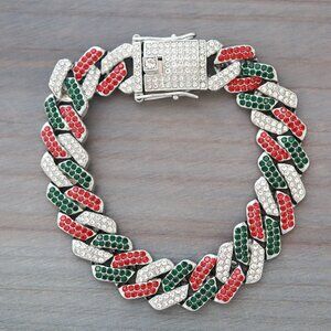14mm 8inches Cuban Ice Point Curb Diamond Chain Green/Red/Silver Bracelet